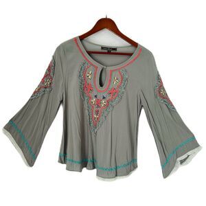 Love Stitch Blouse Women Large Gray Embroider Raw Edge Comfy Boho Peasant Hippie